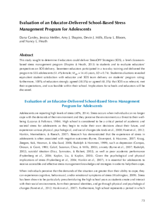Evaluation of an Educator-Delivered School-Based Stress Management Program for Adolescents thumbnail