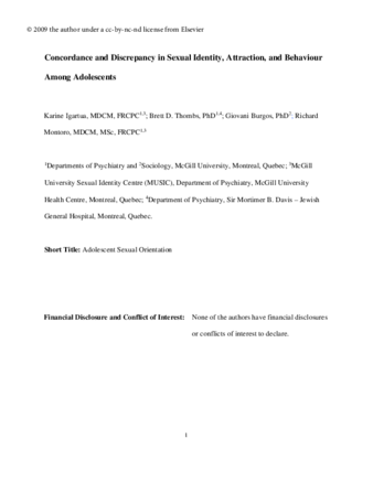 Concordance and Discrepancy in Sexual Identity, Attraction, and Behaviour Among Adolescents thumbnail