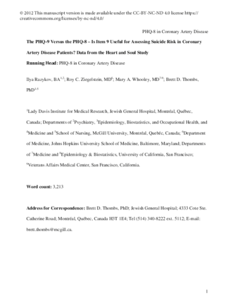 The PHQ-9 Versus the PHQ-8 – Is Item 9 Useful for Assessing Suicide Risk in Coronary Artery Disease Patients? Data from the Heart and Soul Study thumbnail