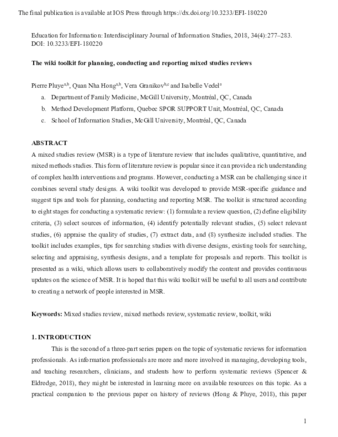 The wiki toolkit for planning, conducting and reporting mixed studies reviews thumbnail