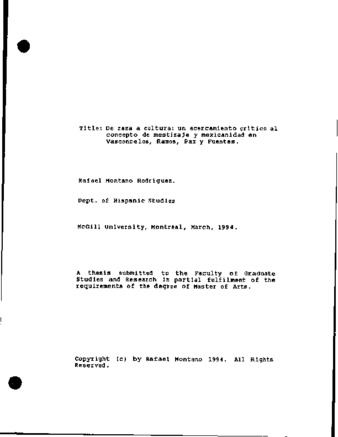 De raza a cultura : un acercamiento crítico al concepto de mestizaje y mexicanidad en Vasconcelos, Ramos, Paz y Fuentes thumbnail