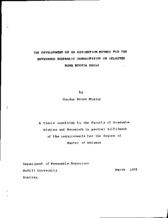 The development of an estimation method for the saturated hydraulic conductivity of selected Nova Scotia soils / thumbnail