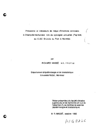 Prévalence et indicateurs de risque d'infections cervicales à Chlamydia trachomatis lors de cytologies annuelles (Pap test) au CLSC St. Louis du Parc à Montréal thumbnail