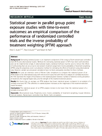 Statistical power in parallel group point exposure studies with time-to-event outcomes: an empirical comparison of the performance of randomized controlled trials and the inverse probability of treatment weighting (IPTW) approach thumbnail