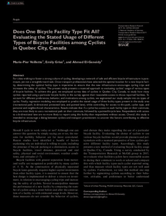 Does One Bicycle Facility Type Fit All? Evaluating the Stated Usage of Different Types of Bicycle Facilities among Cyclists in Quebec City, Canada thumbnail