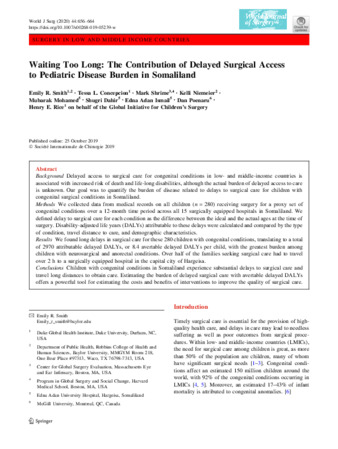 Waiting Too Long: The Contribution of Delayed Surgical Access to Pediatric Disease Burden in Somaliland thumbnail