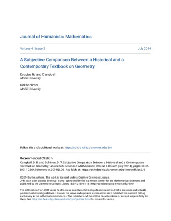 A Subjective Comparison Between a Historical and a Contemporary Textbook on Geometry thumbnail