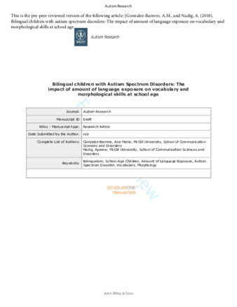 Bilingual children with autism spectrum disorders: The impact of amount of language exposure on vocabulary and morphological skills at school age thumbnail