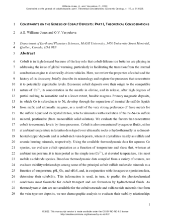 Constraints on the Genesis of Cobalt Deposits: Part I. Theoretical Considerations thumbnail