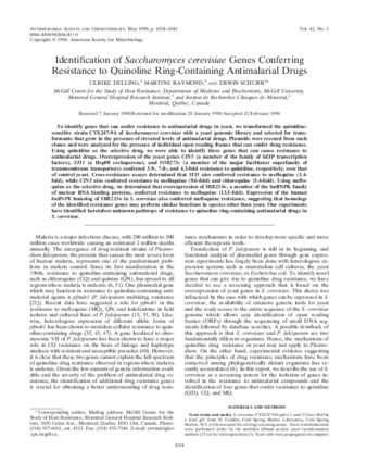 Identification of Saccharomyces cerevisiae genes conferring resistance to quinoline ring-containing antimalarial drugs thumbnail