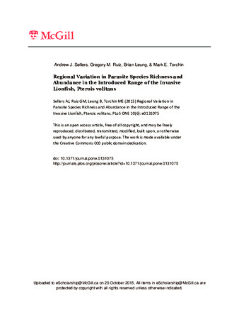 Regional Variation in Parasite Species Richness and Abundance in the Introduced Range of the Invasive Lionfish, Pterois volitans thumbnail