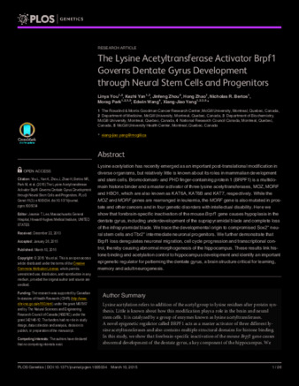 The Lysine Acetyltransferase Activator Brpf1 Governs Dentate Gyrus Development through Neural Stem Cells and Progenitors thumbnail