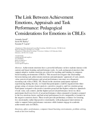 The link between achievement emotions, appraisals and task performance: Pedagogical considerations for emotions in CBLEs thumbnail