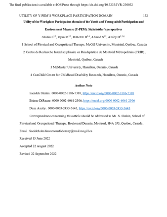 Utility of the workplace participation domain of the Youth and Young-adult Participation and Environment Measure (Y-PEM): Stakeholder’s perspectives thumbnail