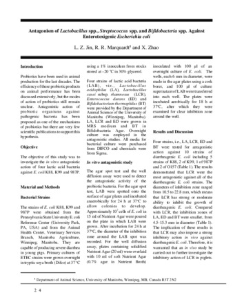 Antagonism of Lactobacillus spp., Streptococcus spp. and Bifidobacteria spp. against enteroxigenic Eschichia coli thumbnail