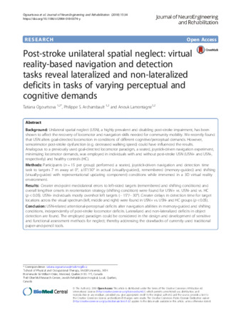 Post-stroke unilateral spatial neglect: virtual reality-based navigation and detection tasks reveal lateralized and non-lateralized deficits in tasks of varying perceptual and cognitive demands thumbnail