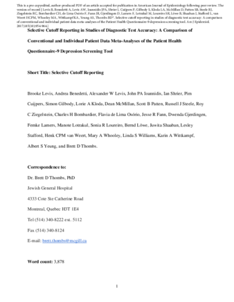 Selective Cutoff Reporting in Studies of Diagnostic Test Accuracy: A Comparison of Conventional and Individual-Patient-Data Meta-Analyses of the Patient Health Questionnaire-9 Depression Screening Tool thumbnail