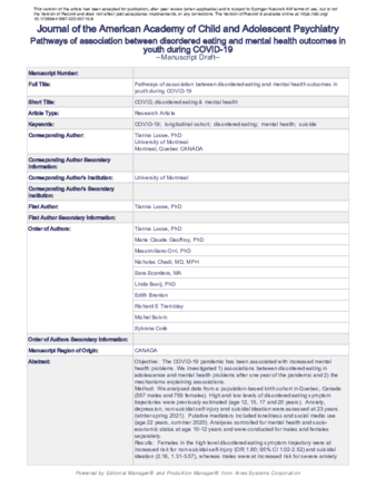 Pathways of association between disordered eating in adolescence and mental health outcomes in young adulthood during the COVID-19 pandemic thumbnail