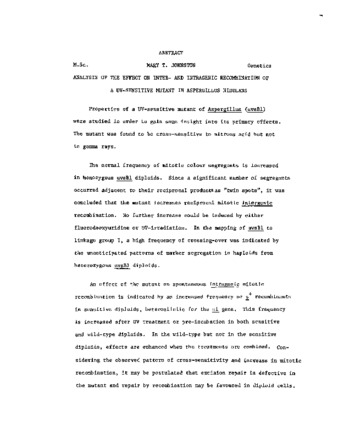 Analysis of the effect on inter- and introgenic Mitotie recombination of a UV-sensitive mutant in Aspergillus Nidulans. thumbnail