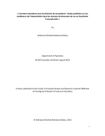 "Comment entendons-nous les histoires de nos patients: étude qualitative sur les médiateurs de l'interprétation dans les réunions de discussion de cas en Psychiatrie Transculturelle" thumbnail