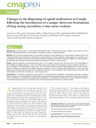 Changes in the dispensing of opioid medications in Canada following the introduction of a tamper-deterrent formulation of long-acting oxycodone: a time series analysis thumbnail