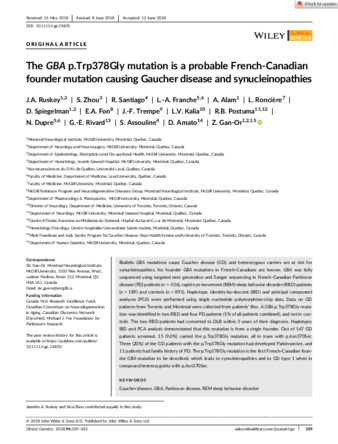 The GBA p.Trp378Gly mutation is a probable French‐Canadian founder mutation causing Gaucher disease and synucleinopathies thumbnail