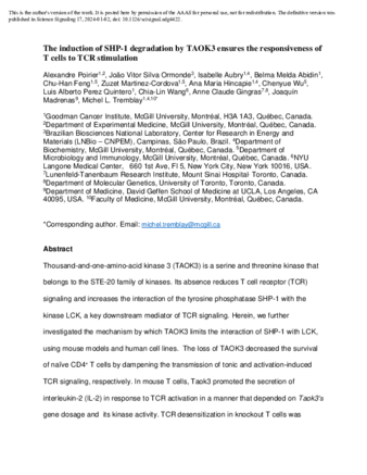 The induction of SHP-1 degradation by TAOK3 ensures the responsiveness of T cells to TCR stimulation thumbnail