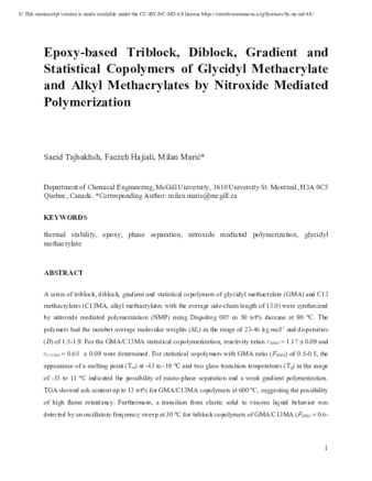 Epoxy-based Triblock, Diblock, Gradient and  Statistical Copolymers of Glycidyl Methacrylate  and Alkyl Methacrylates by Nitroxide Mediated  Polymerization thumbnail