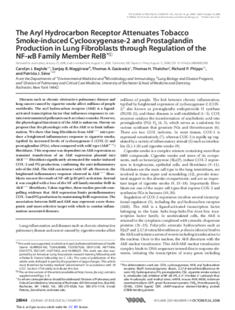  The aryl hydrocarbon receptor attenuates tobacco smoke-induced cyclooxygenase-2 and prostaglandin production in lung fibroblasts through regulation of the NF-kappaB family member RelB thumbnail