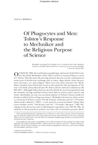 Of Phagocytes and Men: Tolstoy’s Response to Mechnikov and the Religious Purpose of Science thumbnail