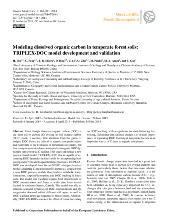 Modeling dissolved organic carbon in temperate forest soils: TRIPLEX-DOC model development and validation thumbnail