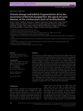 Climate change and habitat fragmentation drive the occurrence of Borrelia burgdorferi, the agent of Lyme disease, at the northeastern limit of its distribution thumbnail