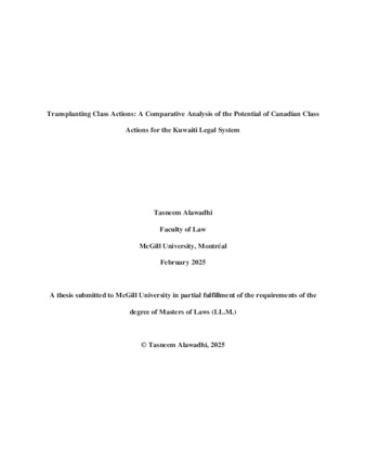 Transplanting class actions: A comparative analysis of the potential of canadian class actions for the Kuwaiti legal system thumbnail