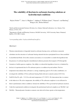 The solubility of thorium in carbonate-bearing solutions at hydrothermal conditions thumbnail