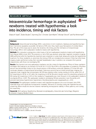 Intraventricular hemorrhage in asphyxiated newborns treated with hypothermia: a look into incidence, timing and risk factors thumbnail