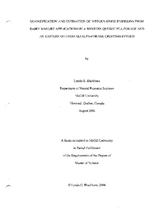 Quantification and estimation of nitrous oxide emissions from dairy manure applications in a western Quebec pea-forage and an eastern Ontario alfalfa-forage cropping system : by Lynda G. Blackburn. thumbnail