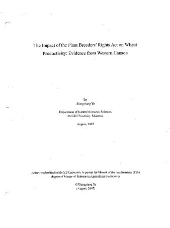 The impact of the Plant Breeders' Rights Act on wheat productivity : evidence from western Canada thumbnail