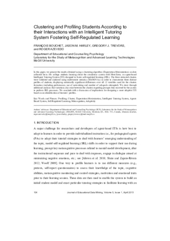 Clustering and profiling students according to their interactions with an intelligent tutoring system fostering self-regulated learning thumbnail