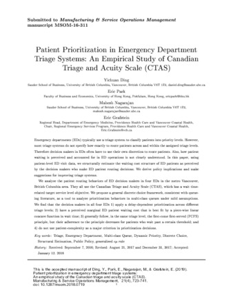 Patient Prioritization in Emergency Department Triage Systems: An Empirical Study of the Canadian Triage and Acuity Scale (CTAS) thumbnail