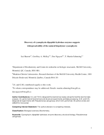 Discovery of cyanophycin dipeptide hydrolase enzymes suggests widespread utility of the natural biopolymer cyanophycin thumbnail