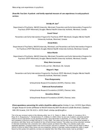 Show me you care: A patient- and family-reported measure of care experiences in early psychosis services thumbnail