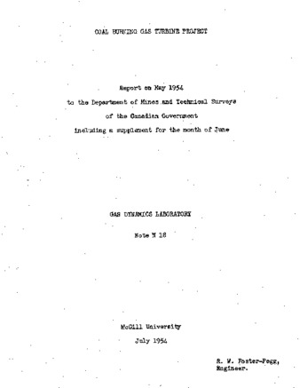 Coal burning turbine project. Report on May 1954 to the Department of Mines and Technical Surveys of the Canadian government including a supplement for the month of June thumbnail