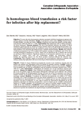 Is homologous blood transfusion a risk factor for infection after hip replacement thumbnail