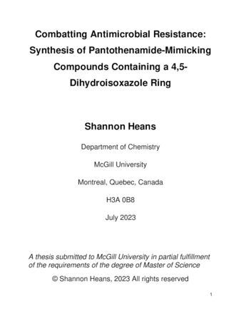 Combatting Antimicrobial Resistance: Synthesis of Pantothenamide-Mimicking Compounds Containing a 4,5-Dihydroisoxazole Ring thumbnail