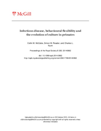 Infectious disease, behavioural flexibility and the evolution of culture in primates thumbnail