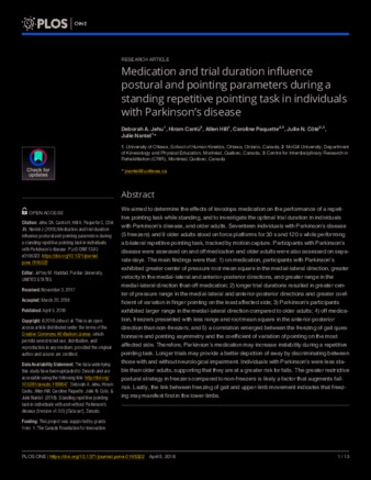 Medication and trial duration influence postural and pointing parameters during a standing repetitive pointing task in individuals with Parkinson’s disease thumbnail