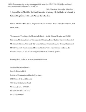 A general factor model for the Beck Depression Inventory-II: Validation in a sample of patients hospitalized with acute myocardial infarction thumbnail