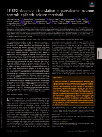 4E-BP2–dependent translation in parvalbumin neurons controls epileptic seizure threshold thumbnail