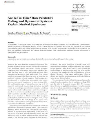 Are We in Time? How Predictive Coding and Dynamical Systems Explain Musical Synchrony thumbnail