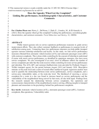 Does the Squeaky Wheel Get the Complaint?  Linking Bus performance, Sociodemographic Characteristics, and Customer Comments thumbnail